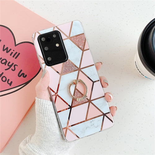 For Galaxy S20 Plating Colorful Geometric Pattern Mosaic Marble TPU Mobile Phone Case Rhinestone Stand Ring(Pink PR1)