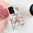 For Galaxy A51 Plating Colorful Geometric Pattern Mosaic Marble TPU Mobile Phone Case Rhinestone Stand Ring(Pink PR1)