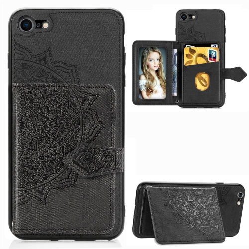 For iPhone SE 2020 Mandala Embossed Magnetic Cloth PU + TPU + PC Case with Holder & Card Slots & Wallet & Photo Frame & Strap(Black)