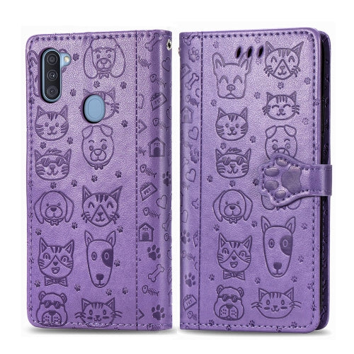 For Galaxy M11 Lovely Cat and Dog Embossing Pattern Horizontal Flip Leather Case , with Holder & Card Slots & Wallet & Cartoon Clasp & Lanyard(Purple)