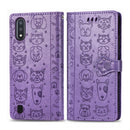 For Galaxy A11 Lovely Cat and Dog Embossing Pattern Horizontal Flip Leather Case , with Holder & Card Slots & Wallet & Cartoon Clasp & Lanyard(Purple)