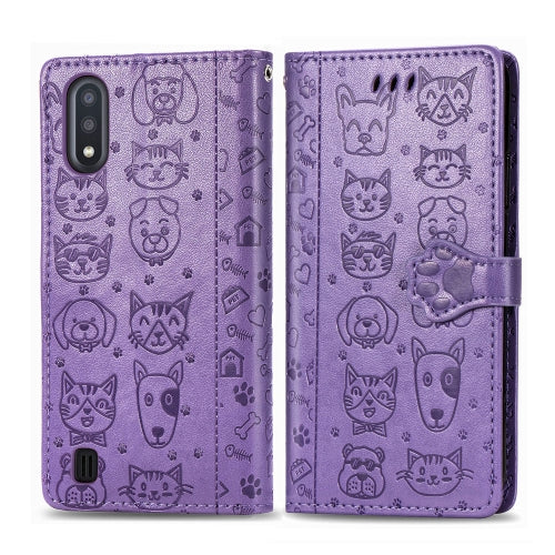 For Galaxy A11 Lovely Cat and Dog Embossing Pattern Horizontal Flip Leather Case , with Holder & Card Slots & Wallet & Cartoon Clasp & Lanyard(Purple)
