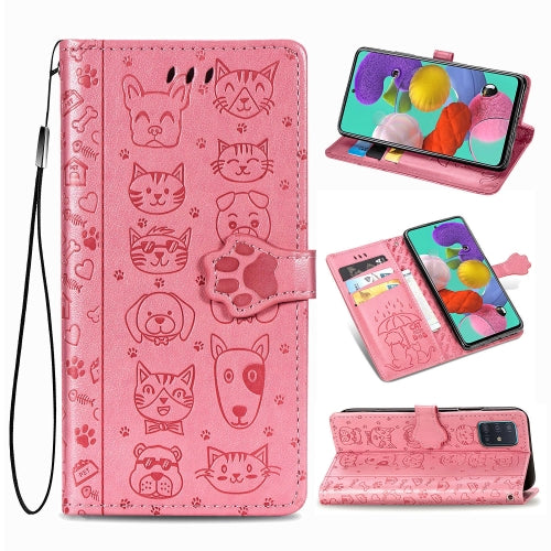 For Galaxy A51 5G Cute Cat and Dog Embossed Horizontal Flip Leather Case with Bracket / Card Slot / Wallet / Lanyard(Pink)