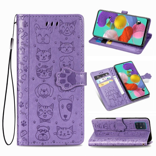 For Galaxy A71 5G Cute Cat and Dog Embossed Horizontal Flip Leather Case with Bracket / Card Slot / Wallet / Lanyard(Purple)