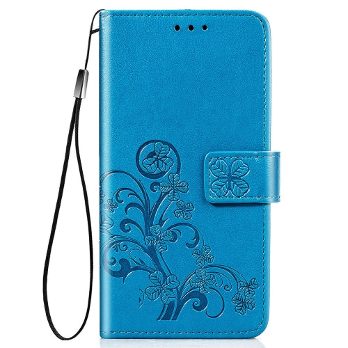 For Galaxy A51 5G Four-leaf Clasp Embossed Buckle Mobile Phone Protection Leather Case with Lanyard & Card Slot & Wallet & Bracket Function(Blue)
