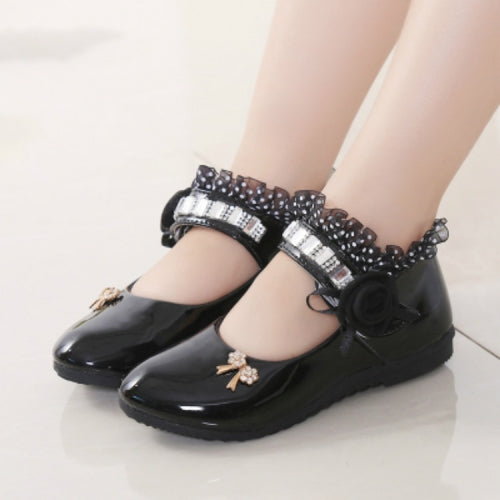 Rose Flower Princess Party Shoes Flat Casual Leather Kids Shoes, Size:28(Black)