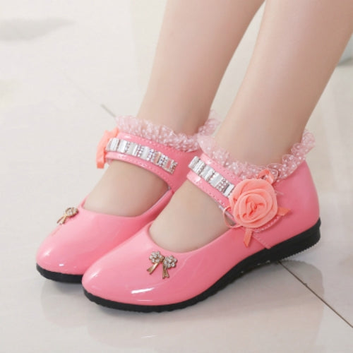 Rose Flower Princess Party Shoes Flat Casual Leather Kids Shoes, Size:31(Pink)