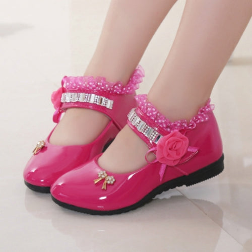 Rose Flower Princess Party Shoes Flat Casual Leather Kids Shoes, Size:35(Rose Red)