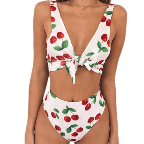 2 PCS High Waist Sexy Print Bandage Backless Swimsuit for Women, Size:S(White)
