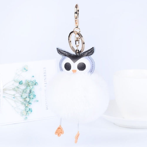 Owl Car Pendant Faux Fur Ball Keychain Handbag Hanging(White)