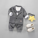 3 in 1 Boy Vertical Striped Cotton Long Sleeve Blazer + Lined Top + Pants Set, Height:80cm(Grey)
