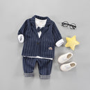 3 in 1 Boy Vertical Striped Cotton Long Sleeve Blazer + Lined Top + Pants Set, Height:110cm(Dark Blue)