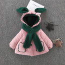 Winter Baby Girls Long Sleeve Cartoon Rabbit Ear Hooded Thick Warm Coat with Scarf, Height:90cm(Pink)