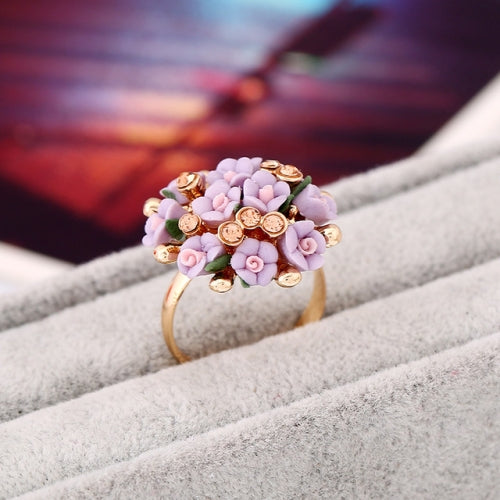 Fashion Ceramic Flower Ring for Women Adjustable Wedding Rings Jewelry(Purple)