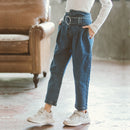 Autumn Girls Wild Washed Straight Cylinder Shape Jeans with Belt, Height:160cm(Blue)
