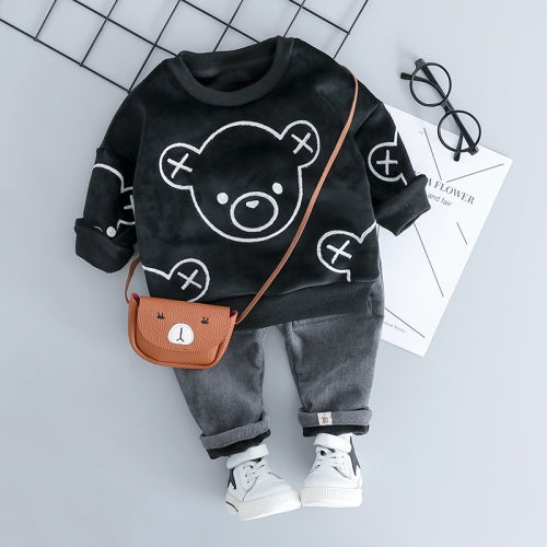 Autumn and Winter Fleece Cartoon Bear Pattern Children Long Sleeve Pullover Top + Pants Set, Height:70cm(Black)