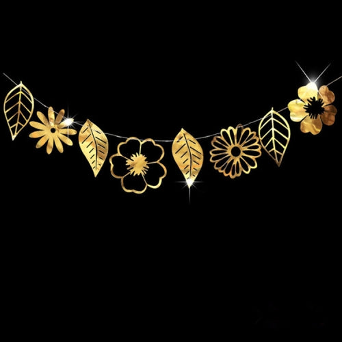 Hollow Flowers Leaves Wall Applique String Decoration Wedding Birthday Party Holiday Decoration, Style:Section A Hollow Flowers and Leaves(Gold)