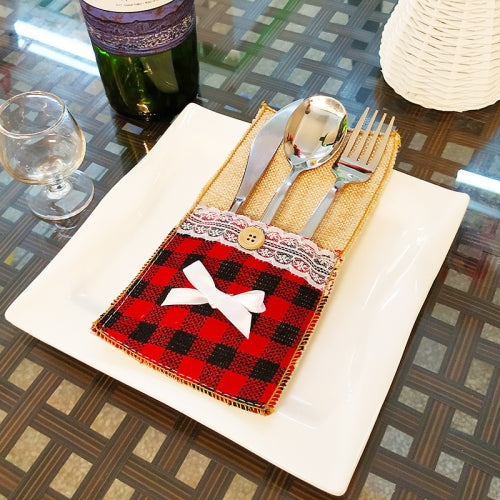 10 PCS Christmas Knife And Fork Set Christmas Decorations Restaurant Hotel Decoration Checkered, Style:Bowknot