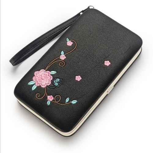 Ladies Fashion Multifunctional Cat Embroidered Long Clutch Bag(Black)