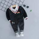 Autumn Children Lapel Rainbow Pattern Shirt + Plaid Pants Set, Height:100cm(Black)