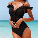 Sexy Women One-piece Bare Shoulders Ruffle Swimsuit, Size:M(Black)