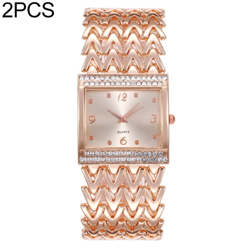 2PCS Casual Diamond-studded Square Quartz Bracelet Watch(Rose Gold)