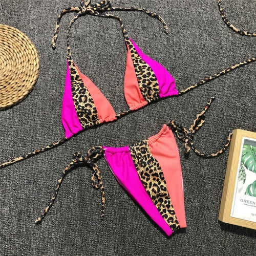 2 PCS Triangle Leopard Bikinis Neon Sexy Swimwear String Push Up Bikini Set, Size:M(Orange)