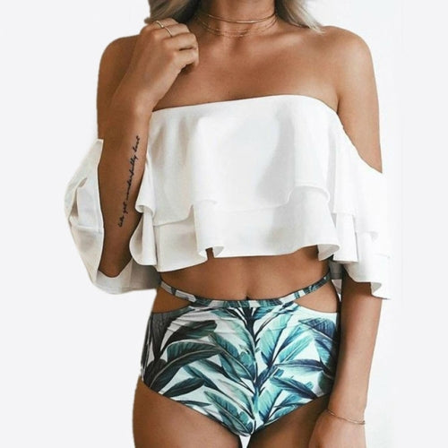 Sexy High Waist Swimsuit Women Ruffle Off Shoulder Bikinis, Size:M(White)