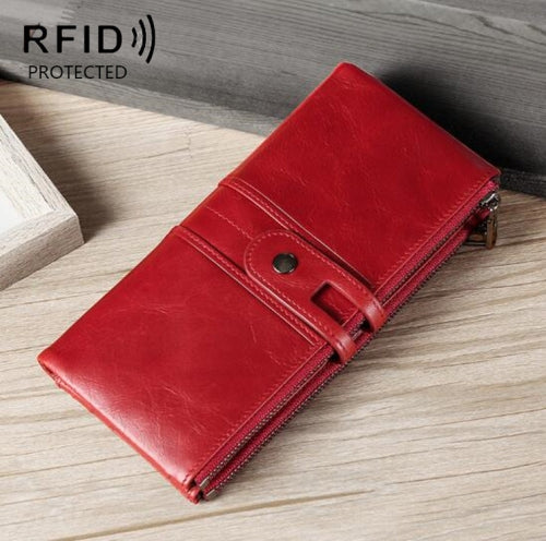 Ladies Genuine Leather Long Wallet Anti-theft Card Bag Multifunctional Clutch Bag(Red)