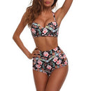 Sexy Floral Printed Bikini High Waisted Bikini Halter Swimsuit Padded Swimwear Beach Swimsuit Brazilian Bathing Suit, Color:Black(XL)