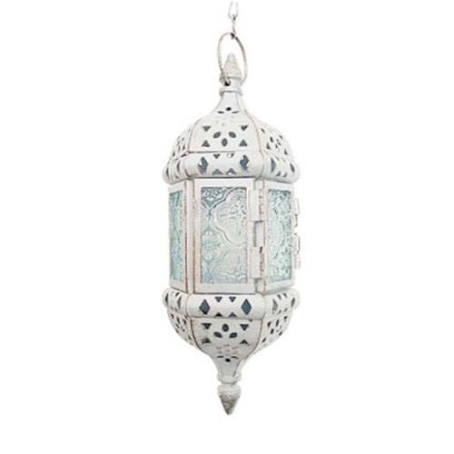 Retro Creative Wrought Iron Candle Holder Garden Hanging Hanging Wind Lamp Romantic Wedding Decorations(White)