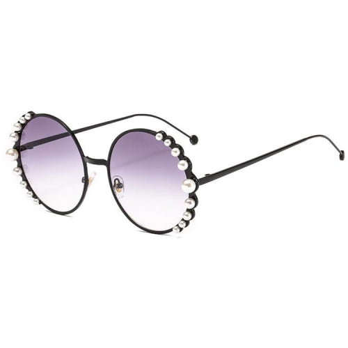 Women Sunglasses Metal Round Frame Pearl Embellished Sunglasses(Black Frame Grey Lens)