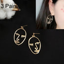 3 Pairs Personality Face Hollow Earrings Face Eyes Oval Earrings(Gold)