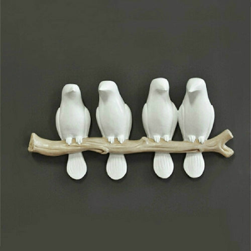 Cute Charm Sparrows Design Cloth Bag Hooks Wall Hanging Home Decoration, Style:Four Birds(White)