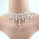 Women Fashion Elegant Vintage Imitation Pearl White Lace Choker Necklaces Bridal Jewelry(White)
