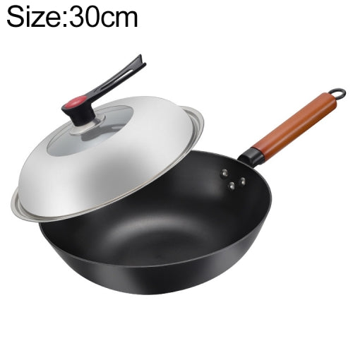 Uncoated Household Cast Iron Wok Suitable for Induction Cooker Gas Stove, Size:30cm Earless(Single Pot+Stand Lid)