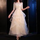 Elegant Half Sleeved Lace Long Skirt Party Evening Dress, Size:S(Champagne)
