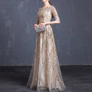 Spring and Summer Half Sleeved Long Slim Sequins Hosted Banquet Dress, Size:XXL(Champagne)