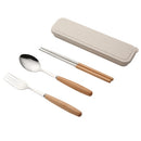 3 in 1 Spoon Chopsticks Fork Cutlery Set Three-piece Creative Work Students Portable Tableware(Three-piece set of wooden handle spoon fork chopsticks)