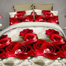 4 PCS Cotton 3D Rose Bedding Sets Soft Duvet Cover Bedsheet Pillowcase Reactive Printed Bedclothes Queen Bed(Red Rose)