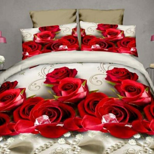 4 PCS Cotton 3D Rose Bedding Sets Soft Duvet Cover Bedsheet Pillowcase Reactive Printed Bedclothes Queen Bed(Red Rose)