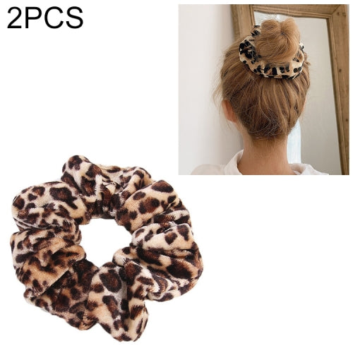 2 PCS Velvet Leopard Hair Ring Gold Velvet Headband Flannel Hair Band Hairball Hair Pocket Flower( Fine Leopard Print)
