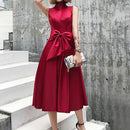 Elegant Bow Stand Collar Long Section Banquet Ladies Evening Dress, Size:L(Red Wine)