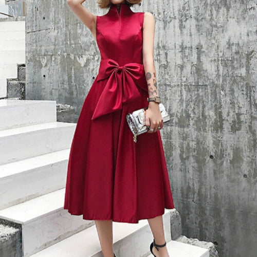 Elegant Bow Stand Collar Long Section Banquet Ladies Evening Dress, Size:L(Red Wine)