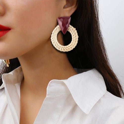Rattan Wooden Vintage Handmade Dangle Earrings(Wine Red 2)