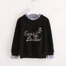 Spring and Autumn Letters Flowers Embroidery Pattern Fake Two Pieces Girls Pullover(Black)