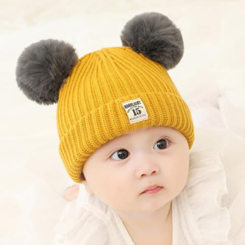 Autumn and Winter Children Cotton Double Ball Earmuffs Knitted Hat, Size:Plus Cashmere(Yellow)