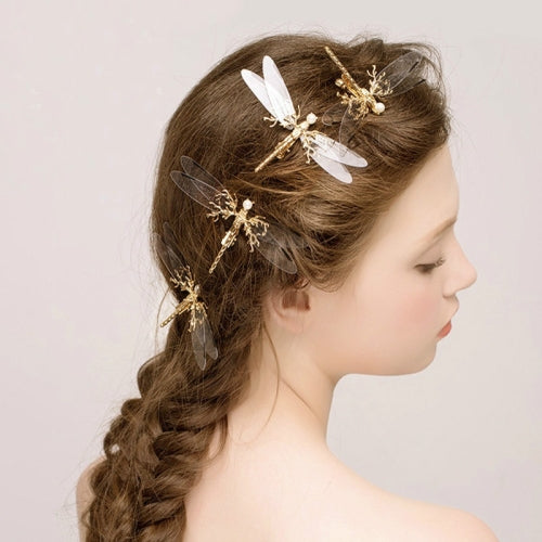 3 PCS Golden Dragonfly Hairpins Bridal Headdress Wedding Hair Accessories Transparent Wings Dragonfly Hair Clip(Gold)