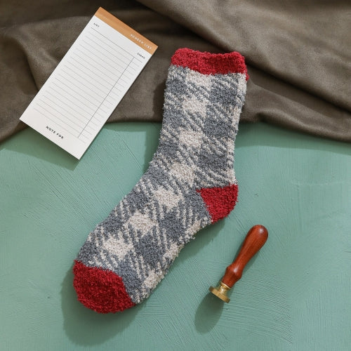 3 Pairs Winter Flanged Classic Plaid Coral Fleece Warm Socks Thicken Women Socks, Type:3(EUR 36-40)