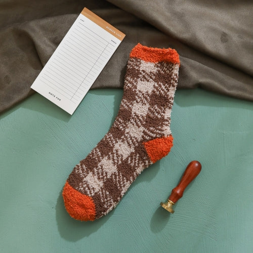 3 Pairs Winter Flanged Classic Plaid Coral Fleece Warm Socks Thicken Women Socks, Type:6(EUR 36-40)